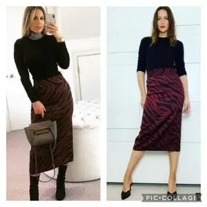 Zara Burgundy Satin Animal Print Midi Pencil Skirt Size Small